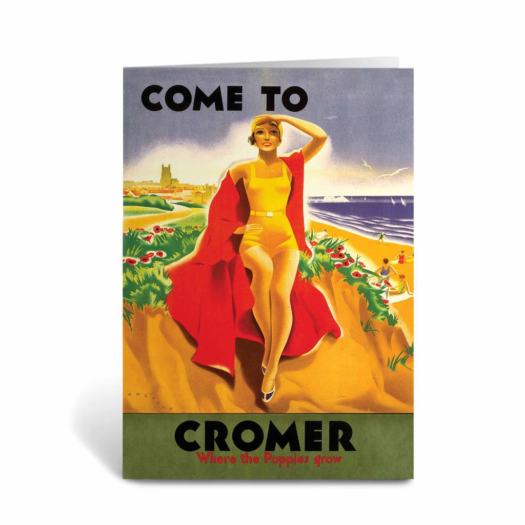 Come to Cromer Girl with Red Blanket Greeting Card