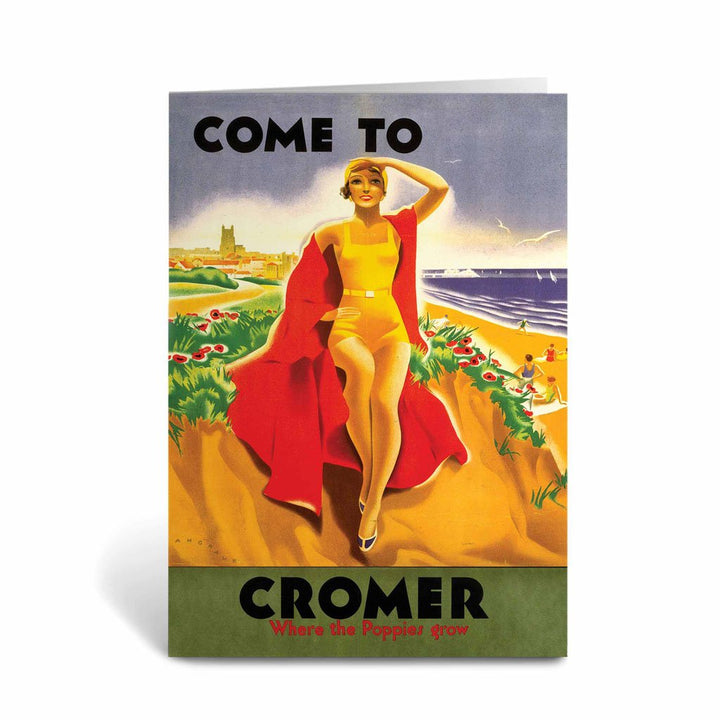 Come to Cromer Girl with Red Blanket Greeting Card