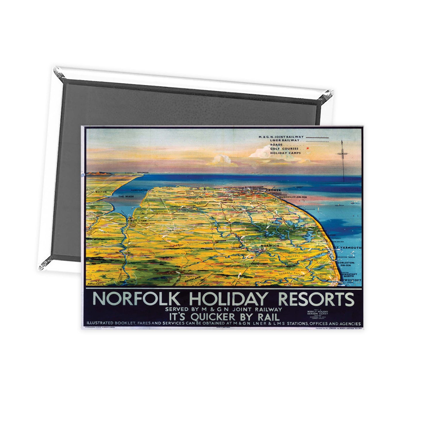 Norfolk Holiday Resorts - Quicker by rail norfolk map Fridge Magnet