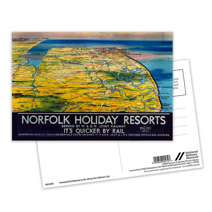 Norfolk Holiday Resorts Map Postcard Pack of 8